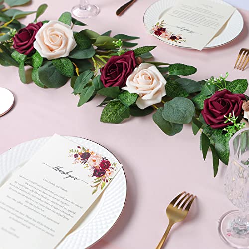 ponatia 6.5FT Handcrafted Artificial Rose Flower Garland, Eucalyptus Greenery Garland for Wedding Ceremony Garlands Backdrop Arch Flowers, Reception Table Decorations (Burgundy & Ivory Cream) - color: Burgundy & Ivory Cream