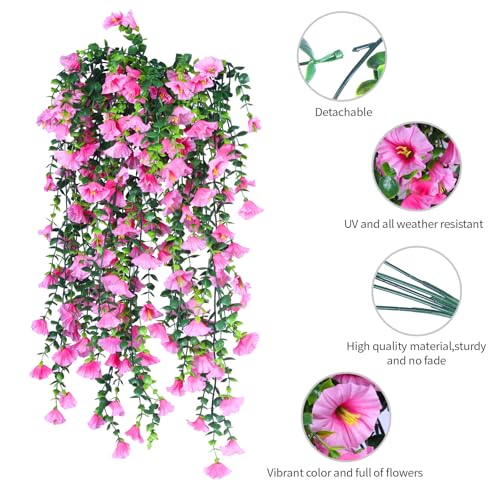 Artificial Flowers Fake Fall for Outdoor, 4 Pcs Faux Hanging Flowers Outdoor Fall Decor, No Fade UV Resistant Fake Mums Silk Flower for Front Door Porch Planters Patio Yard Garden autumn Pink - color: Pink
