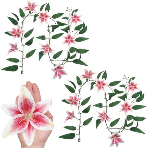 SNAIL GARDEN 2 Pack（14.6ft ） Fake Lilies Flower Vines, Pink Vines Lilies Flowers with 16 Heads, Flower Vines for Decoration ，Fake Flower Vines for Home, Garden, Table Centerpiece, DIY Wreath