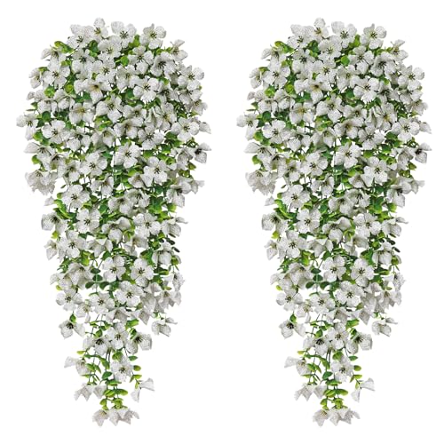 Betylifoy Artificial Hanging Flowers for Outdoors Summer Decor 2PCS Fake Hanging Plants UV Resistant Faux Silk Violet Flowers White Greenery Trailing Vines for Indoor Outside Garden Porch Decor - color: White