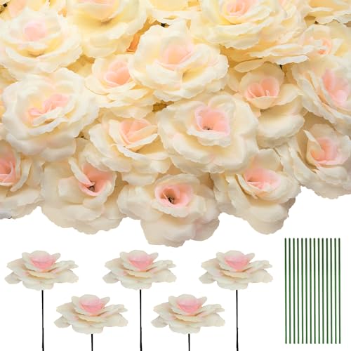 50 Pcs Rose Flower Head, Artificial Flowers Bulk for DIY Crafts, 3in Fake Rose Silk Flower Head wit Stem, Faux Flowers for Decoration, Wedding Home Party Decor Garland Decor (50, Champagne) - color: Champagne