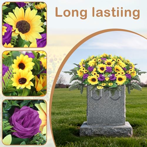 Lodou Artificial Cemetery Flowers for Grave,Headstone Flower Saddle Silk Sunflowers Grave Flowers for Cemetery Memorial for Outdoor Gravesite Decoration (Purple) - color: Purple