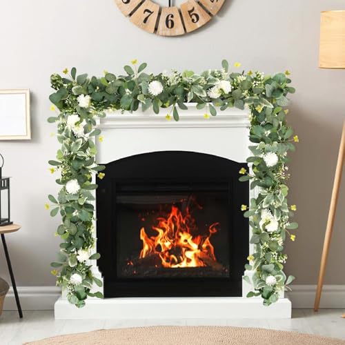 2 Pack Artificial Eucalyptus Garland with Butterfly Chrysanthemum Babys Breath Flowers 5.9Ft Faux Vine Wreath Hanging for Wedding Arch Garden Porch