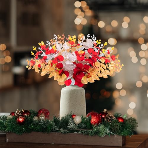 Yen Jean 10PCS Christmas Decorations Artificial Flowers for Home - Xmas Fake Eucalyptus Stems Winter Decor Indoor - style: christmas