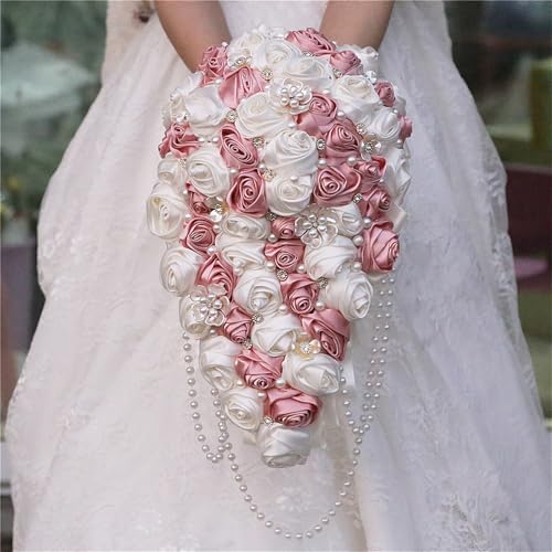 Handmade Satin Rose Water Drop Bridal Bouquet,8.7inch Crystal Wedding Round Tossing Bouquet,Jewelry Proposal Bridesmaid Bouquet Groom Corsage Bride Wrist Flower Ivory (Pink) - color: Pink