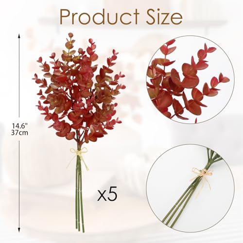 5 Stems Artificial Fall Greenery – 14.6" Eucalyptus Leaf Stems for Autumn Floral Arrangements, Thanksgiving Centerpieces, Fall Decor Bouquets, Burgundy Red - color: Eucalyptus - Burnt Red