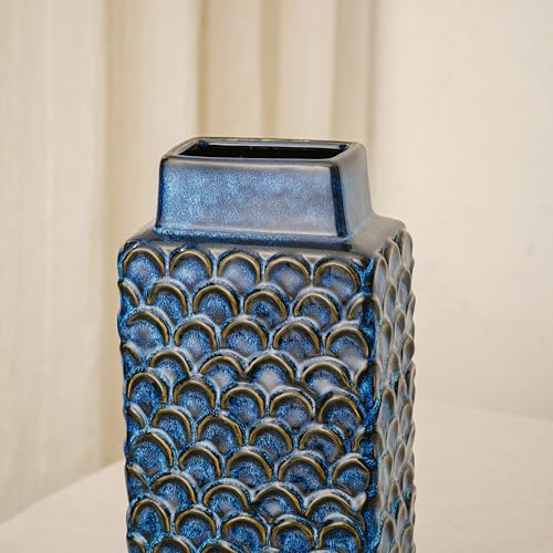 Ceramic Flower Vase, 12.6” Tall Vintage Blue Pottery Vase for Home Decor, Rustic Textured Vase for Pampas Grass, Living Room, Entryway, Mantel, Kitchen Table - color: 303-blue