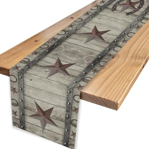 Western Texas Table Runner,ustic Farmhouse Grey Wooden Stars Hoof Cowboy Country Coffee Table Center Decor for Family Kitchen Outdoor Farmhouse Holiday Party Table Decorations, 13"x36" - color: Texas-9, size: 13“ X 36"