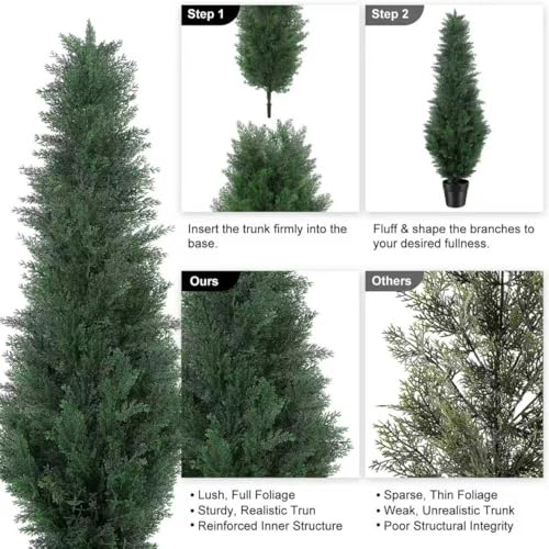 4FT Artificial Cedar Trees, Set of 2 - UV Resistant Realistic Faux Evergreen Cypress Trees, Adjustable Branches, All Weather for Front Porch, Outdoor Planters, Indoor Home Decor - size: 4ft