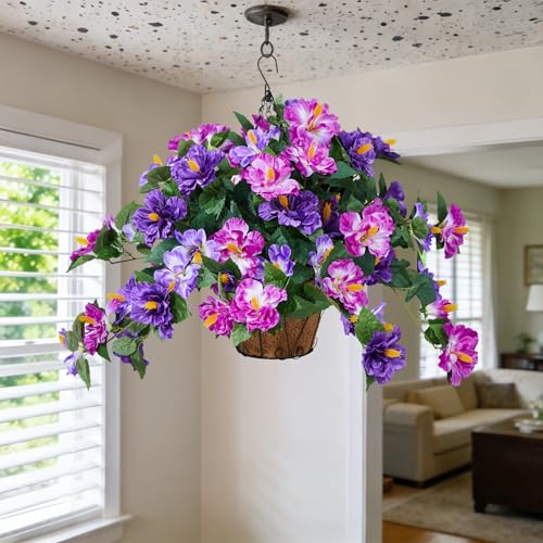 INXUGAO Artificial Flowers for Outdoors Indoors,3 Bunches Fake Hibiscus with Hanging Basket Realistic UV Resistant Silk Flower Leaves,Faux Plant for Outside Home Patio Garden Poch(Purple,Fuchsia) - color: Hibiscus T-3 Bunches Dk. Purple & Lt. Purple & Fuc