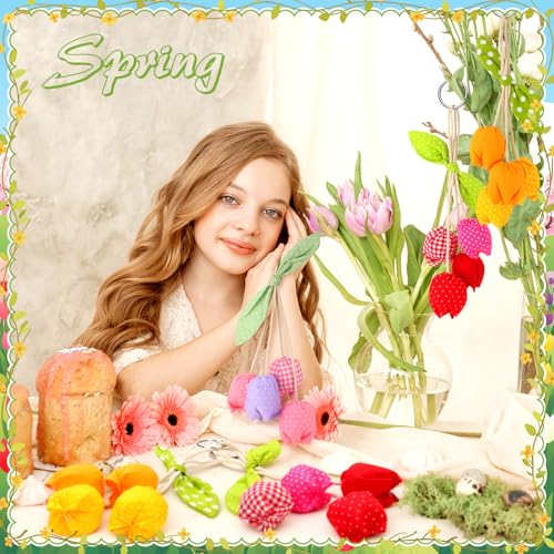 HunnmingRe 3 Pcs Spring Fabric Tulip Flowers Mother's Day Hanging Ornaments Handcrafted Artificial Tulip Pendant Flower Bouquet with Leaf Hanging Accessories for Women Mom Girl Keyring Bag Charm Gifts