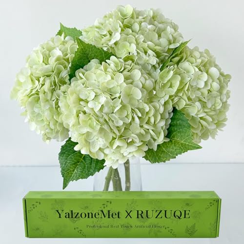 YalzoneMet 4Pcs Light Green Hydrangeas Artificial Flower Natural Lifelike 21'' Long Stem Real Touch Hydrangea Latex Flower Bouquets for Home Living Room Party Wedding Table Centerpiece Decor - color: Light Green