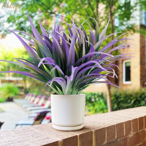 32 Pcs Artificial Grass Fake Plants 17.3in Outdoor Plants UV Resistant Faux Greenery Stems Fake Grass for Home Window Garden Office Patio Pathway Front Porch Halloween Décor Green & Purple - color: Green & Purple, size: 32 Pcs