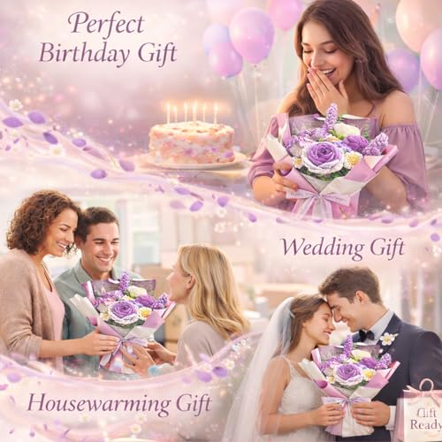 Handmade Crochet Flower Bouquet, Pink Rose & Carnation Knitted Flowers, Gift For Girlfriend, Birthday, Anniversary, Mother’s Day, Wedding Or Graduation (Includes Card) (Purple) - color: Purple