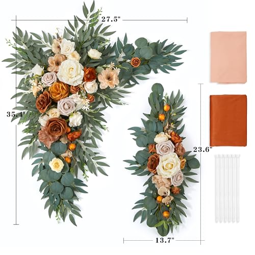 Wedding Arch Flowers with Drapes Kit (Pack of 4) - 2pcs Artificial Terracotta Deluxe Swag with 2pcs Sheer Drapes for Wedding Ceremony Backdrop Rose Floral Decoration Arbor Reception - color: Terracotta, size: Pack of 4