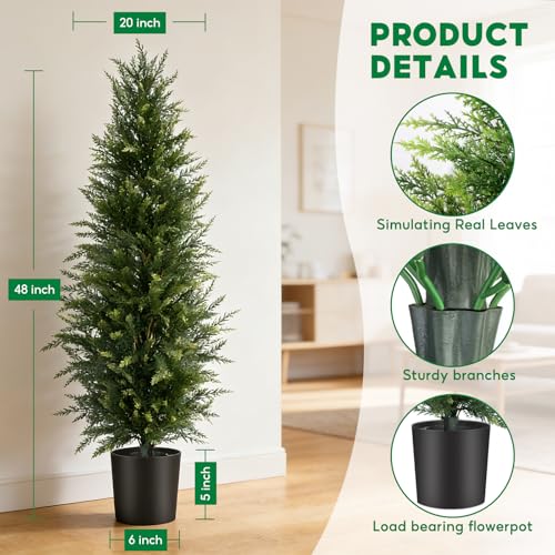 4 ft Artificial Cedar Topiary Trees Set of 2 Outdoor Faux Plants | Taller 4FT Profile, Realistic Faux Cedar, UV Resistant, Stable Weighted Base, for Porch Patio Entryway - color: Green, size: 4FT