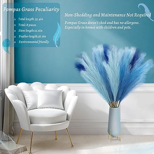 KALYLOC 9Pcs 3FT Colorful Faux Pampas Grass for Boho Decor, Non-Shedding Fluffy Artificial Bulrush, Tall Reed Fluffy Stems Vase Filler Living Room Wedding Decoration (Dark Blue) - color: Dark Blue