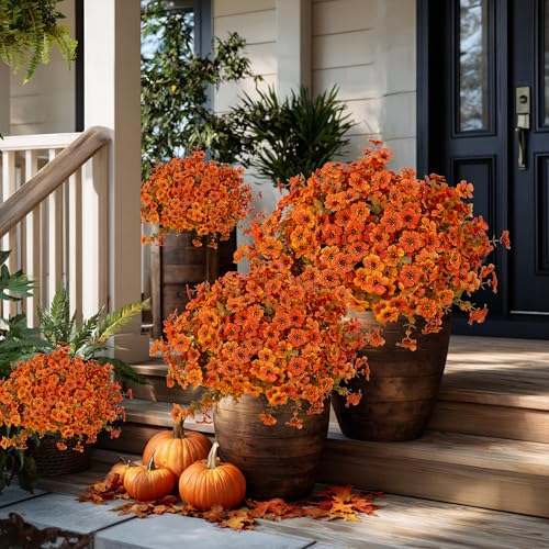 AXYLEX Artificial Fall Flowers Outdoor Fake Mums - 16 Bundles Fake Plants UV Resistant No Fade Faux Plastic Greenery Garden Porch Patio Fall Home Decor (Orangegreen) - color: Orangegreen