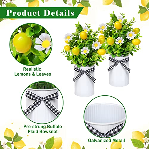 4 Pack Lemon Mason Jar Table Centerpiece, Artificial Lemon Home Centerpieces Fake Lemon Daisy Plants with Faux Leaves for Summer Wedding Farmhouse Office Kitchen Bathroom Dining Table Centerpiece