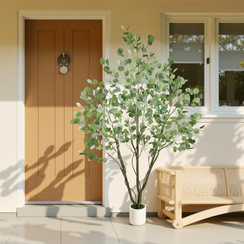 Caxchiling Large Artificial Eucalyptus Tree 6FT, Fake Tree for Indoor Outdoor, Lifelike Faux Floor Plants with Heavy Trunk with Vines and Moss Topper, Home Office Decor for Living Room Bedroom Doorway - color: Eucalyptus, size: 6ft Plus