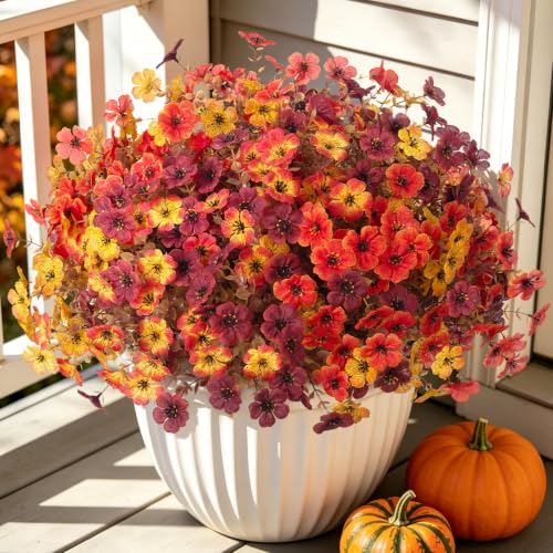 INXUGAO 12PCS Fake Artificial Fall Mums Flowers for Outdoor Decoration Faux Silk Fall Flowers Plants for Outdoor Planters UV Resistant Daisy for Home Decor - color: Fall-orange Brown Yellow Sunset Red