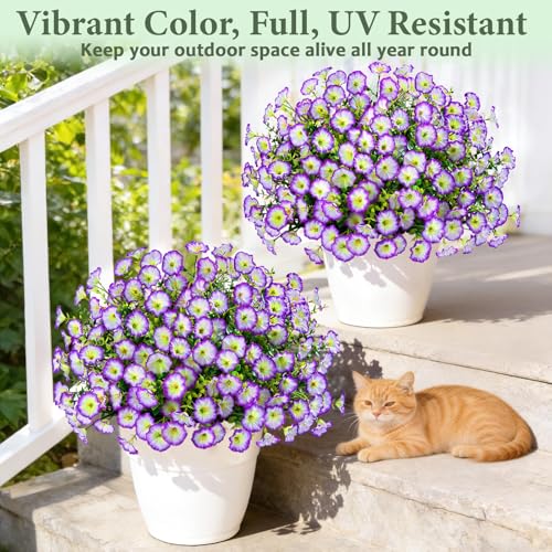 Yastouay Artificial Flowers for Outdoors, 26 Bundles Fake Outdoor Flowers, UV Resistant Artificial Plants & Flowers for Decoration, Purple/White Realistic Morning Glory for Outdoor Porch Garden - color: Purple/White, size: 26 Bundles
