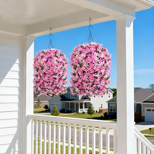 Ivydale Artificial Lily Flowers for Outdoors Fake Hanging Flower Vines for Outside Decoration, UV Resistant 2PCS Faux Plants for Patio Porch Balcony Garden Yard, Pink & Light Pink - color: Pink & Light Pink