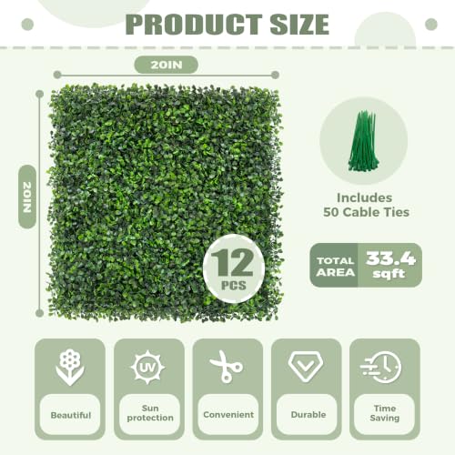 TTTM Artificial Grass Wall Backdrop Panels: 20"x 20" (12P) UV-Anti Faux Greenery Boxwood Hedge Screen for Indoor Outdoor Fake Plants Decor, Privacy Fence, Patio, Balcony, Party Decor - size: 20"X20"-12P