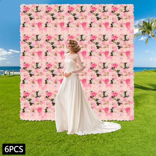 Flower Wall Panel Floral Backdrop, 6 Pcs Flower Wall Decor, 24" X 16" Silk Rose Wall, Artificial Flower Wall Backdrop Faux Flower Panel for Wedding, Party, Home (Light Pink Dahlia Rose) - color: Light Pink Dahlia Rose