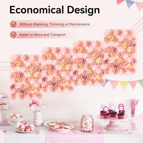 6 PCS Artificial Flower Wall Panels 3D Flower Wall Panel for Flower Wall Backdrop 16" x 24" Faux Flower Wall Mat Silk Hydrangea Rose Floral Panel for Party Wedding Wall Decorations Autumn Pink - color: Autumn Pink