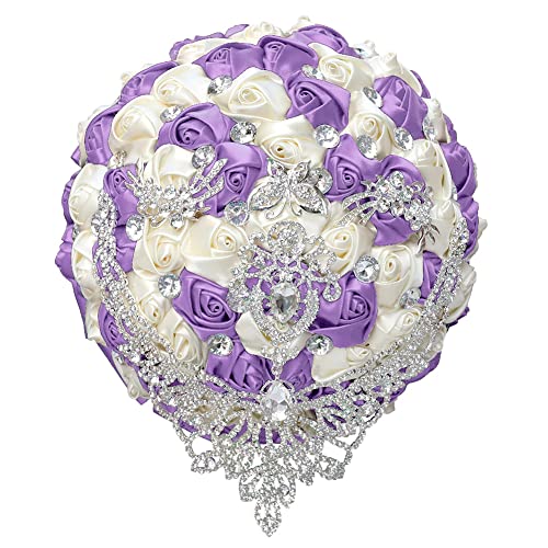 XINNI Handmade Bridal Wedding Bouquet Bride Bridesmaid Satin Rose Flower Bouquet with Drop-Shaped Rhinestone Wedding Decoration (Light Purple+Ivory) - color: Light Purple+ivory