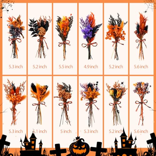 10/12/24/36 Pack Mini Dried Flowers for Vase Summer Halloween Wedding Various Mini Bouquet Dried Small Wildflowers Natural Flowers Bulk for Crafts DIY Decor (12, Orange Black 1) - size: Orange Black 1