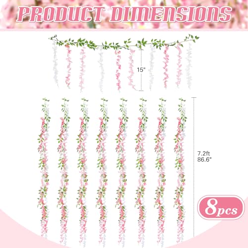 Thiccywoov 8pcs Wisteria Artificial Flowers Garland, 7.2Ft/Piece Wisteria Hanging Flowers Garland for Wedding Arch Decoration Outdoor Ceremony Home Backdrop Garden (Pink,Dark Pink,White) - color: Pink, Dark Pink, White