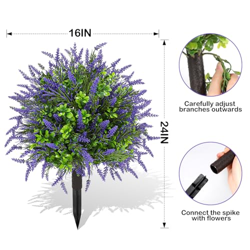 ENVEN Artificial Topiary Ball Tree Outdoor Plants with Ground Spike 22"- UV Resistant Faux Shrubs, Eucalyptus Fake Plants for Indoor & Garden, Yard, Porch, Patio Decor (Green Purple) - color: Green Purple