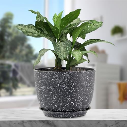 Meowell 12 inch Big Plant Pots, Plastic Planters with Drainage Holes and Trays, Large Flower Pots for Indoor Outdoor Plants, Modern Decorative Pots for Garden House Plants, Speckled Black - color: Speckled Black, size: 12inch C