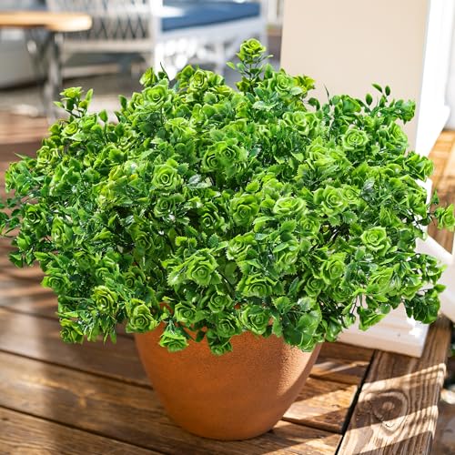 HyeFlora Artificial Plants for Outdoors Outside Spring Summer Decoration, 12 Bundles Faux Green Plastic Leaves Stems Bulk Fake Greenery Look Real UV Resistant for Home Porch Patio Planter Yard Wedding - color: Green Leaf Rose