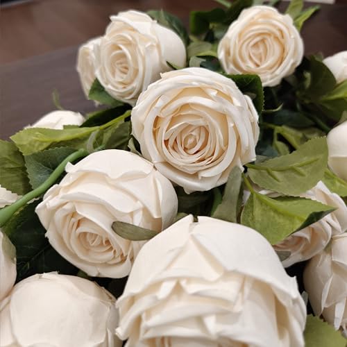 18pcs Artificial Roses, Realistic Fake Roses with Stems, Low Maintenance Real Touch Floral Decor for Home Wedding Table Centerpieces(18, White) - color: White
