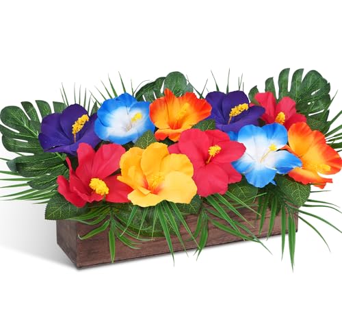 Hawaiian Flowers Arrangements for Table Centerpieces Tropical Artificial Hibiscus Fake Flowers with Palm Leaves Decor in Wooden Planter for Kitchen Island Summer Luau Party Decorations - color: Colorful