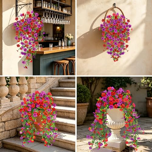 UV Resistant Artificial Hanging Flowers Outdoor Decor - 2 Pack Fake Hanging Plants with Silk Daisies for Spring Summer, No Fade Faux Flowers for Planter, Front Door, Porch, Patio, Garden, Yard - color: Light Purple Red