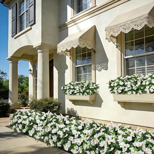 Roberly 6 Bundles Artificial Flowers for Outdoors, Faux Silk Catharanthus Roseus Flowers Bouquet Fake Greenery Plant for Spring Summer Garden Patio Porch Window Box Table Home Decor, White - color: White