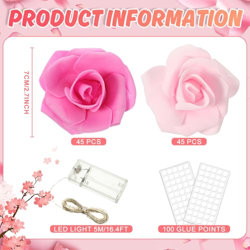 LemonRoad 92 Pcs Pink Roses Artificial Flower Mirror Border Foam Flower Heads with LED Light DIY Mirror Frame Door Frame Decoration for Bedroom Bathroom Wedding Birthday Clothing Store Decoration