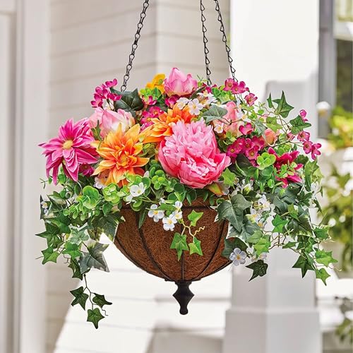 Balsam Hill Outdoor Radiant Peony Spring & Summer Hanging Basket - 26" Premium UV-Protected Artificial Outdoor Flowers for Porch, Patio, & Garden - color: Radiant Peony
