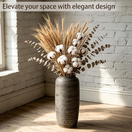 15.7 Inch Rustic Ceramic Large Floor Vase, Ribbed Textured Rustic Farmhouse Vase for Pampas Grass, Living Room & Entryway Décor, Handmade Ceramic Accent - size: 15.7 Inch