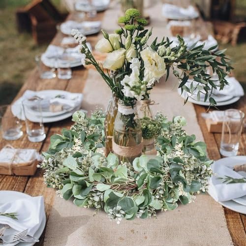 Ouddy Decor 2 Pack Eucalyptus Garland Total 13.1 Ft Lush Silver Dollar Leaves Boxwood with White Buds Artificial Faux Greenery Vines for Baby Shower Wedding Party Table Runner Room Home Mantle Decor - color: White, size: 2 Pack