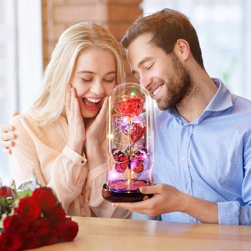Mothers Day Rose Gifts for Mom Birthday Gift, Rechargeable Galaxy Glass Rose in Glass Dome Eternal Crystal Flower Butterfly Gift Mother's Day Flowers Gifts for Women Mom Wife Grandma Daughter Red - color: USB-E Red