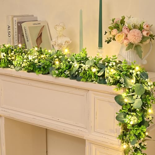 2Pcs Eucalyptus Garland with Lights, Greenery Garland, Green Garland with Flowers, 5.9FT Artificial Faux Eucalyptus Leaves Vines for Table Mantle Home Wedding Party Indoor Outdoor Decor - color: Eucalyptus Garland With Lights, size: 2Pcs