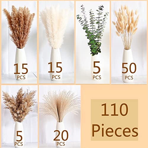 110 PCS of Boho Pampas Grass Decor, Naturally Dried Pompas, Bunny Tails Dried Flowers, and dried eucalyptus. Perfect for Weddings, Boho Party Decorations, and Table Decor. - size: 110PCS 14-17inch Mixed