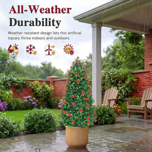 PATIO CHOICE 3ft Artificial Topiary Trees with Rose Set of 2 Outdoor Faux Plants Realistic Faux Bushes and Shrubs Decorations for Outdoor Front Porch Garden (Rose, 36in) - color: Rose, size: 3ft