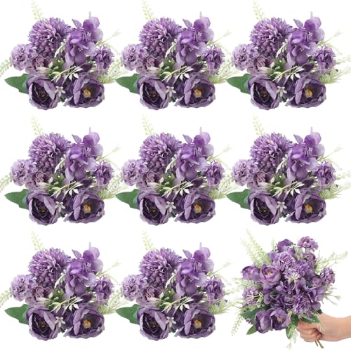 Lyrow 8 Pcs Peony Artificial Flowers Fake Silk Hydrangea Bouquet Elegant Peony Flowers for Wedding Decoration Faux Realistic Floral for Home Party Table Centerpieces Arrangement (Purple) - color: Purple