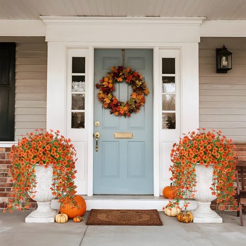 Ammyoo Artificial Hanging Flowers for Outdoors Fake Plants Decoration, 2 Packs Faux Silk Daisy Flower Realistic Outdoor Flowers UV Resistant Porch Patio Window Yard Indoor Spring Decor(Orange) - color: Orange